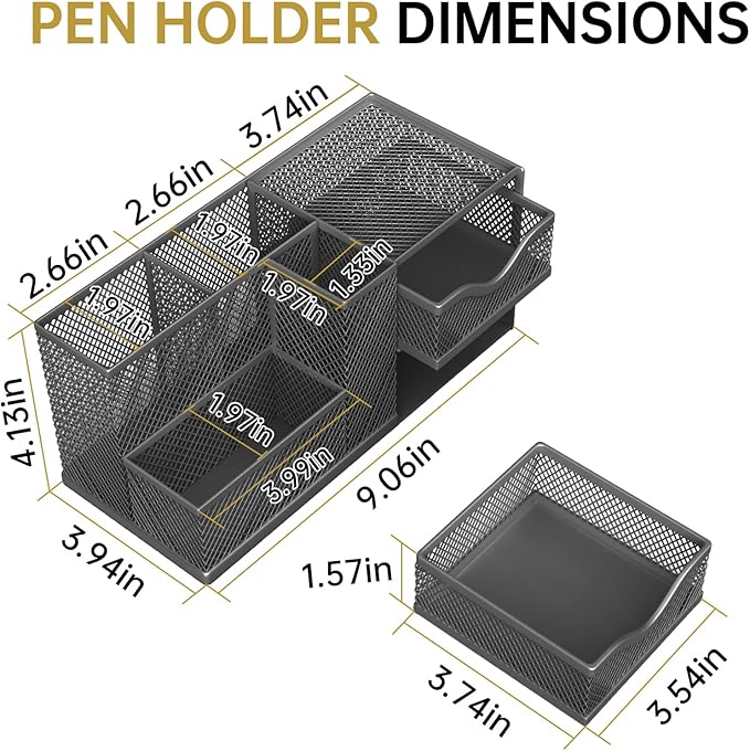 Mesh Desk Organizer, Pen Organizer with 2 Drawers and 5 Compartments, Versatile Pen Holder for Small Space, Desk Organizers and Accessories for School Office Supplies, Black