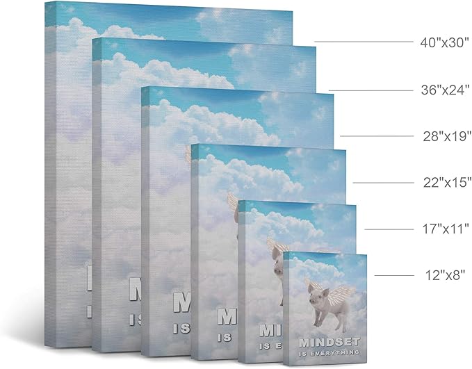 Smile Art Design Mindset is Everything Pig with Wings Flying in Sky Motivational Wall Art Canvas Print Inspirational Entrepreneur Quote Canvas Print Modern Office Decor Gift Ready to Hang 17x11
