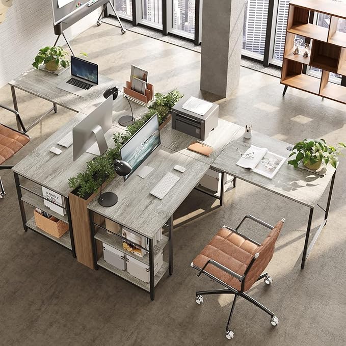 Bestier L Shaped Desk, 95.2 Inch Reversible Corner Computer Desk with Shelves, 2 Person Long Table for Home Office, Large Writing Storage Workstation with 3 Cable Holes, Rustic Brown, Grey Oak