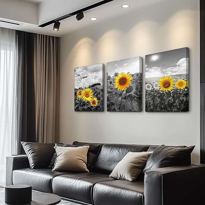 Large Size Canvas Wall Art For Living Room Family Bedroom Wall Painting Decoration,Bathroom Wall Decor Kitchen Home Decoration Black And White Sunflower Flowerswall Pictures Artwork,20x28 3 Piece