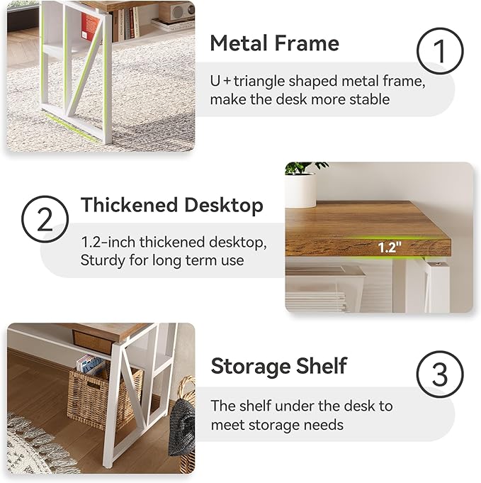 LITTLE TREE 63-Inch Executive Office Desk, Large Computer Desk with Storage Shelf, Executive Desk with Metal Frame, Thickened Desktop, Study Writing Desk Work Station for Home Office, Rustic + White