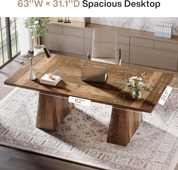 Tribesigns 63-Inch Executive Desk, Modern Office Computer Desk with Sturdy Double Pedestal, Large Study Writing Table Simple Workstations for Home Office, Natural