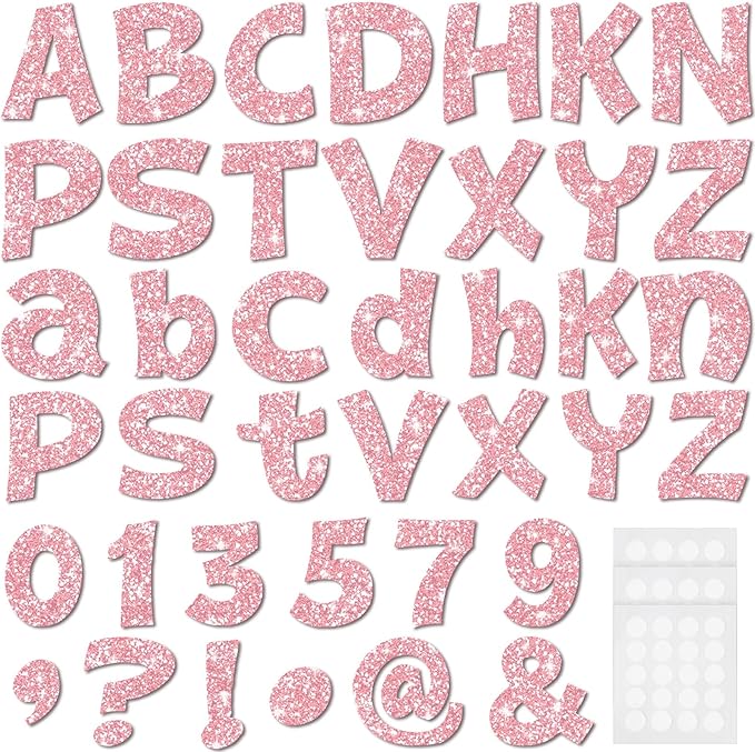 Colarr 216 Pcs Glitter Bulletin Board Letters for Classroom Number Alphabet Punctuation Symbol Cutout 4'' Die-Cut Poster Letter with Adhesive Dot School Party Holiday Decor Display(Light Pink)
