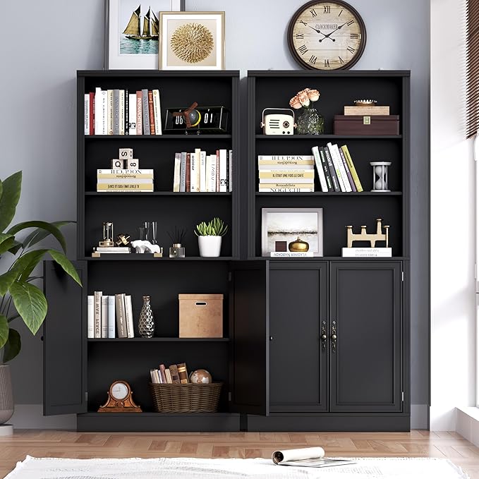 70.1" Tall Bookshelf with Cabinet, 5-Tier Floor Standing Bookcase with Doors & Adjustable Shelves, 31.5" Wide Storage Shelf, Metal Handles, Modern Organizer for Home Office, Living Room