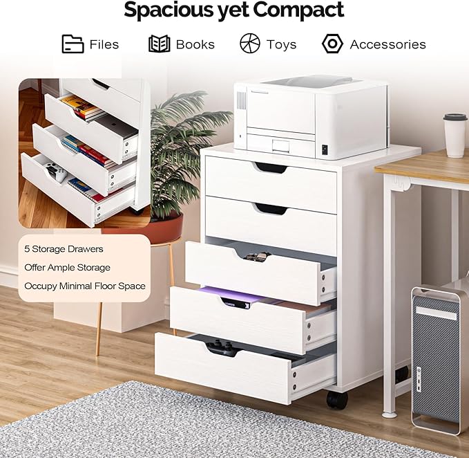 VINGLI 5 Drawers Mobile File Cabinet with Wheels, Under Desk Storage Organization, Vertical Filing Chest Rolling Wood Small Desk Printer Stand for Home Office, 19" W × 15.8" D × 25.6" H, White