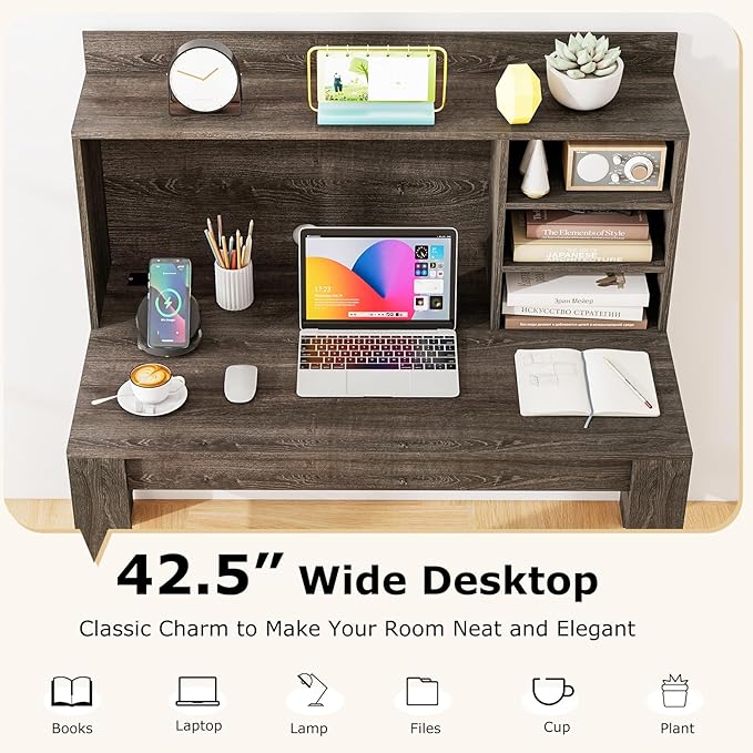 Tangkula Computer Desk with Hutch & Charging Station, Home Office Writing Study Desk with Storage Shelves, Cable Management Hole, Laptop Desk, Desk for Bedroom, Computer Workstation (Gray Oak)
