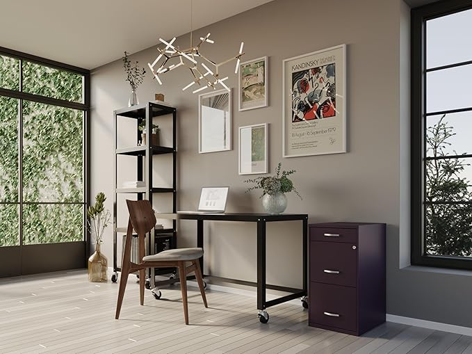 Hirsh Space Solutions 18" Deep Modern Metal Organizer File Cabinet with Cam Lock, 3-Drawer, Letter-Size, for Small Home/Home Office in Midnight Purple