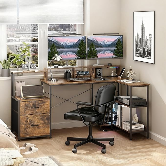 GTPLAYER 73" L Shaped Gaming Desk, Reversible Computer Desk with Power Outlets & LED Lights, Home Office Corner Desk with Storage Shelves, Monitor Stand, and Tower Space, Vintage Brown