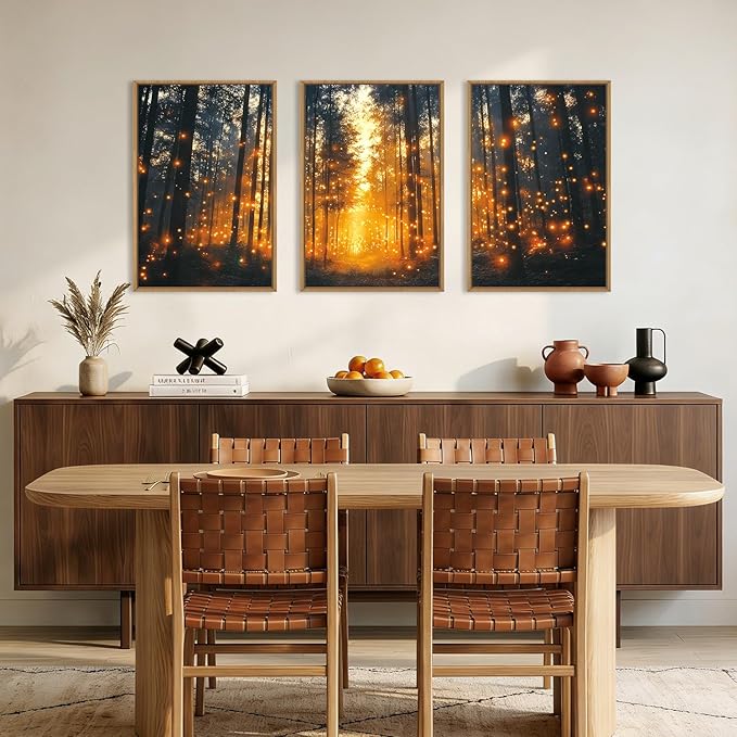 Aryroi Magical Firefly Forest Framed Canvas Wall Art Set,Enchanted Night Nature Mystical Woodland Wall Decor,Whimsical Orange Twinkling Black Tree Art Print for Living Room, Bedroom, Office- 24"x36"x3