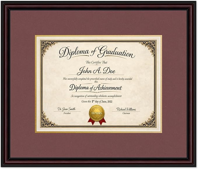 Diploma Frame Executive Brown with Dark Red Over Gold Double Mat - Fits 13 x 10 College Diploma (Traditional) Wall Display Made in the USA