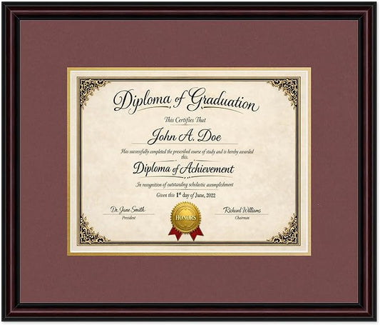 Diploma Frame Executive Brown with Dark Red Over Gold Double Mat - Fits 13 x 10 College Diploma (Traditional) Wall Display Made in the USA