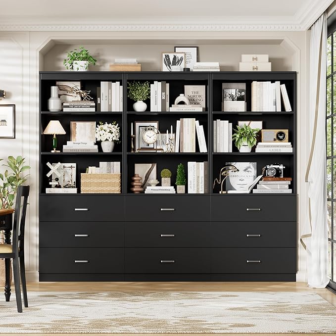 FOTOSOK 71“H Black Bookshelf with Drawers, Bookshelf and Bookcase with 3-Tier Open Shelves, Tall Bookcase Tall Storage Cabinet for Home Office