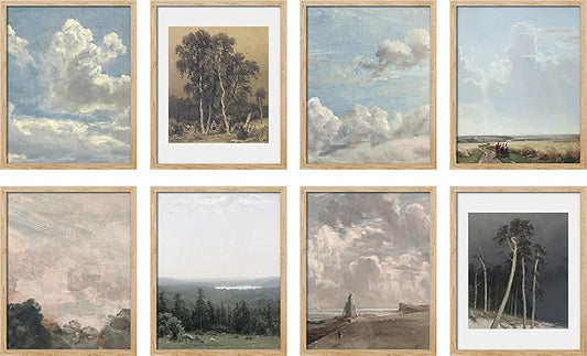 SIGNWIN Framed Poster Wall Art Set of Vintage Landscape Wall Antique Tree Cloud Art Rustic Framhouse Decor for Living Room, Bedroom, Office - 12"x16"x 8 Natural