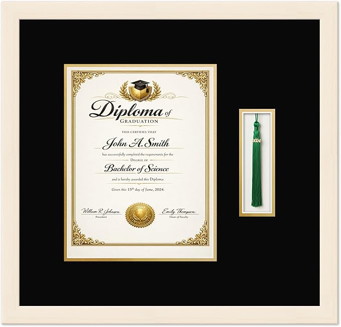 CountryArtHouse Diploma and Tassel Frame Fits 8.5 x 11 Certificate (Portrait) with Tassel Coastal Whitewash Genuine Hardwood Shadowbox with Black Over Metallic Gold Double mat