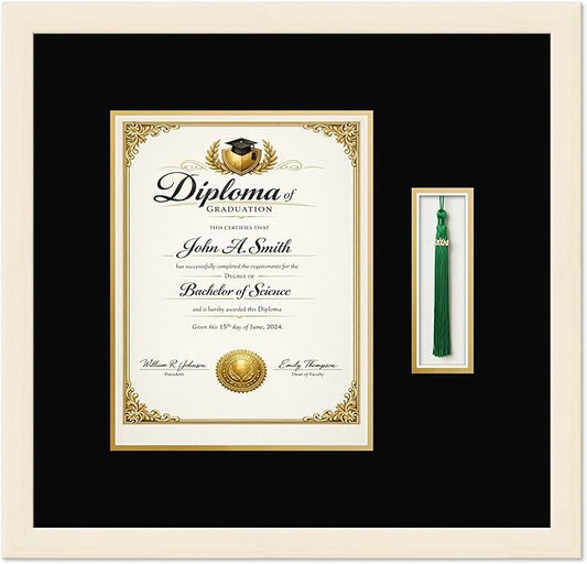 CountryArtHouse Diploma and Tassel Frame Fits 8.5 x 11 Certificate (Portrait) with Tassel Coastal Whitewash Genuine Hardwood Shadowbox with Black Over Metallic Gold Double mat