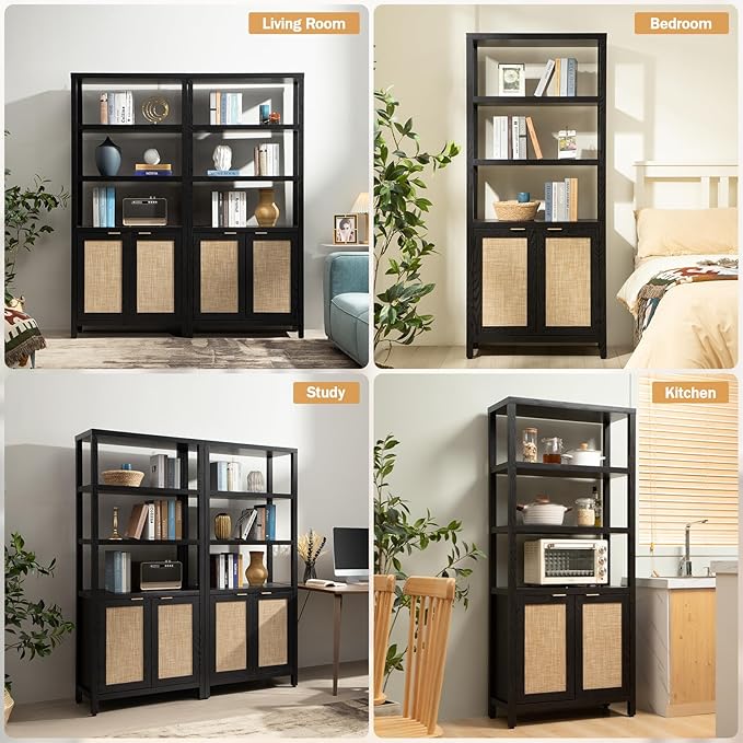 SICOTAS Bookshelf 5 Tier Book Shelf Rattan Boho 71" Tall Bookcase with Doors Storage Shelves Large Bookshelves Farmhouse Bookcases Library Book Case for Living Room Bedroom Home Office Kitchen