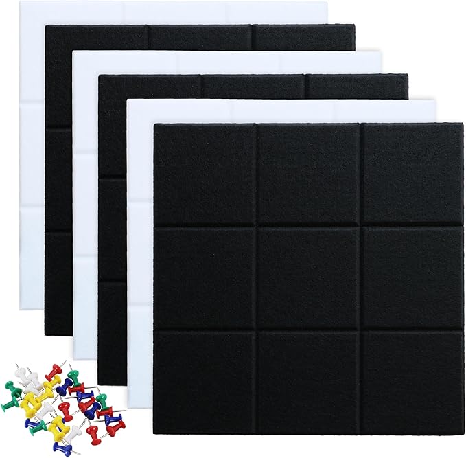 Large Felt Board Tiles for Wall with 30 Push Pins, 11.8"x11.8" Pack of 6 Pin Board Notice Boards for Home Office Kitchen, Bulletin Board Wall Tiles for Photos Memos (Black+White, 6 Pack)