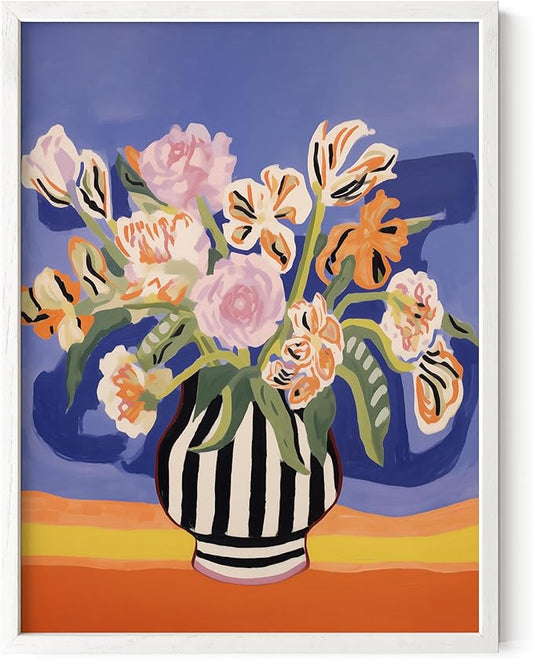 HAUS AND HUES Floral Art Wall Decor - Wildflowers Wall Art for Living Room, Floral Artwork for Bedroom Walls, Flower Painting for College Girls Dorm Room (Striped Vase, White Frame, 12x16)