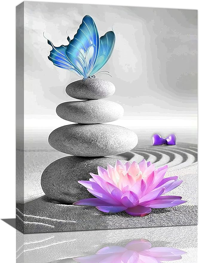 yerretin Stone Wall Art Zen Lotus Pictures Wall Decor Flower Canvas Spa Yoga Meditation Print Artwork Home Decorations for Living Room Bedroom Bathroom Office Framed 12"x16"