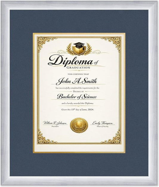 CountryArtHouse Diploma Frame Fits 10 x 13 College Diploma (Portrait Traditional) - Keepsake Graduat Stainless Silver Genuine Hardwood with Navy Blue Over Metallic Gold Double mat
