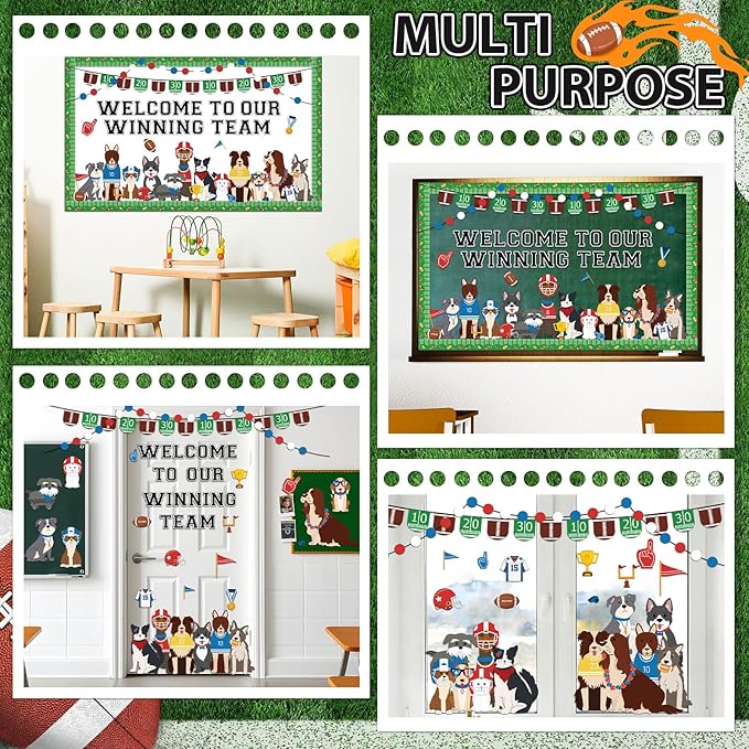 Football Pet Dog Bulletin Board Set Sports Theme Puppy Classroom Decoration Football Cute Dog Bulletin Board Sports Cutouts for School Office Game Day Party Home Chalkboard Wall Decor