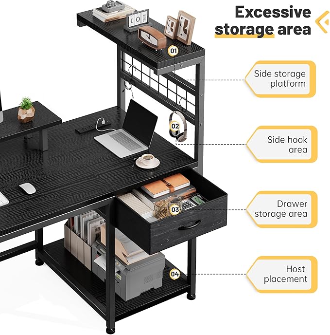 EnHomee 48" Gaming Desk with LED Lights & Power Outlets, Home Office Desk with Monitor Stand, Computer Desk with Drawer & Storage Shelves for Living Room, Study Room, Gaming Room, Black