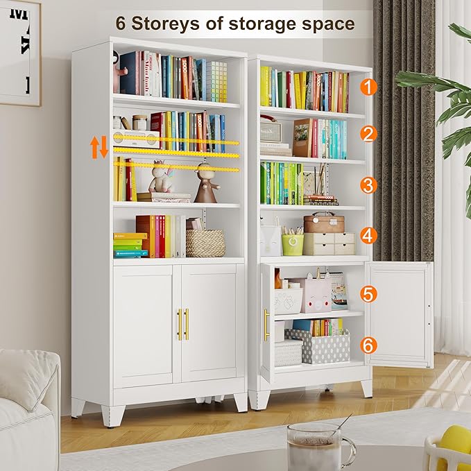 71" H Tall Metal Bookcases and Bookshelves with 2 Doors and Adjustable Shelves，Tall Storage Cabinet Industrial Bookshelf 6-Tier Open Display Shelf，Decor Furniture for Living Room, Bedroom