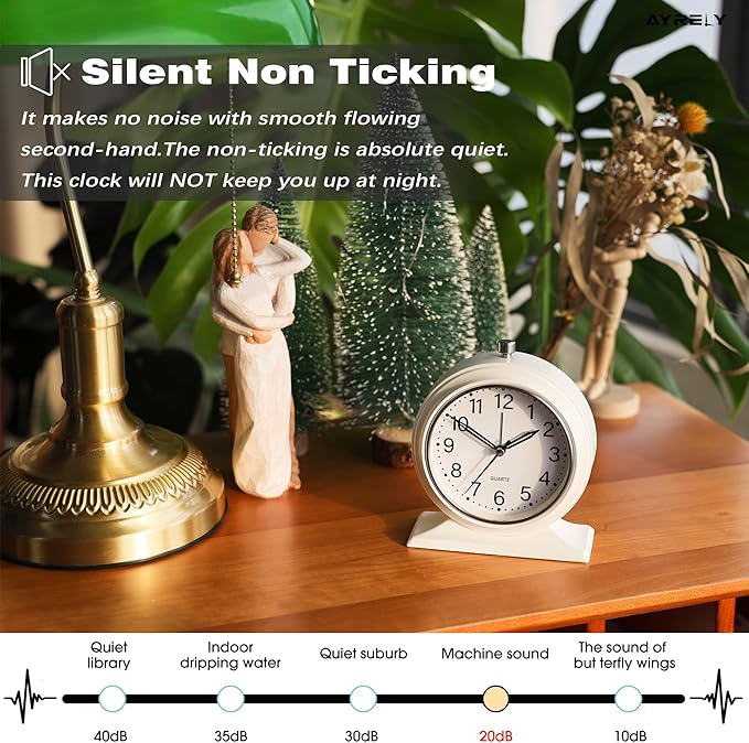 AYRELY® 4-inch Battery Operated Alarm Clock Silent Analog Desk Clocks with Light Vintage Metal Table Clock for Living Room Shelf Bedside Home Decor (White)