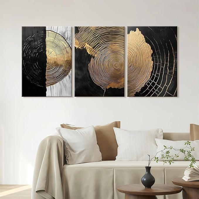 3Pcs Framed Minimalist Abstract Black Golden Canvas Wall Art Vintage Tree Ring Wall Decor Pictures Modern Rustic Posters Prints for Living Room Office Hallway Home Decoration 12x16in Ready to Hang
