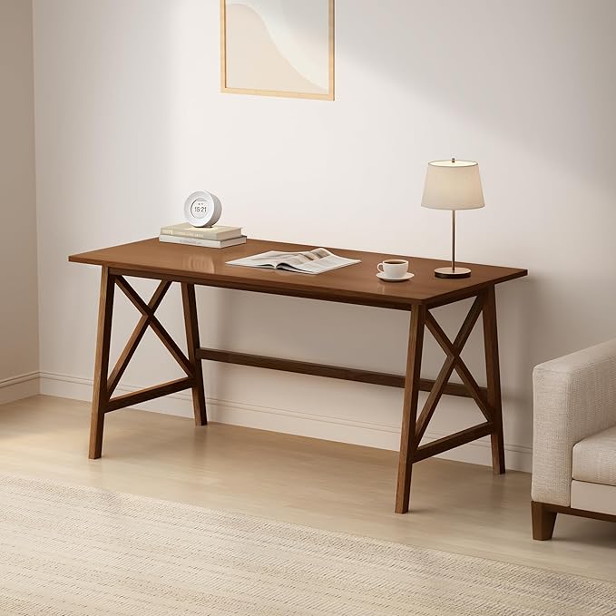 Modern Solid Wood Desk - 54" Simple Computer Table for Home Office Study Writing Workstation in Walnut, 54" W x 24" D