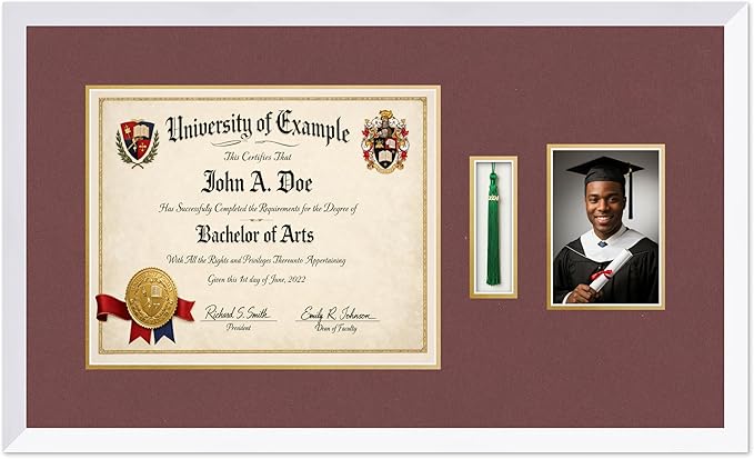 CountryArtHouse Diploma Tassel and Photo Shadowbox Fits 15 x 12 Military/Government with Tassel Hook an Bright White Genuine Hardwood with Dark Red Over Metallic Gold Double mat