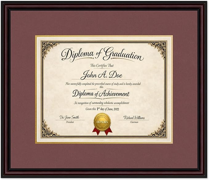 Diploma Frame Executive Brown with Dark Red Over Gold Double Mat - Fits 14 x 11 College Diploma (Modern) Wall Display Made in the USA