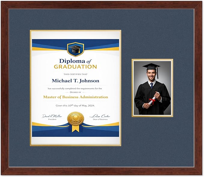 Diploma Frame With Photo Opening Rustic Walnut Navy Blue Over Gold Mat - Fits 11 x 14 Degree and Picture Made in the USA