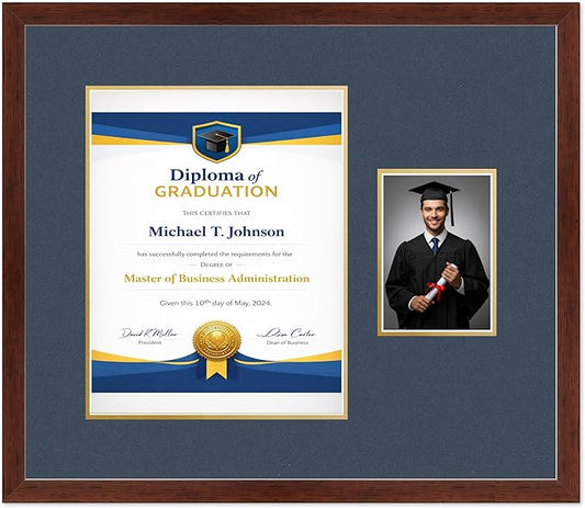 Diploma Frame With Photo Opening Rustic Walnut Navy Blue Over Gold Mat - Fits 11 x 14 Degree and Picture Made in the USA