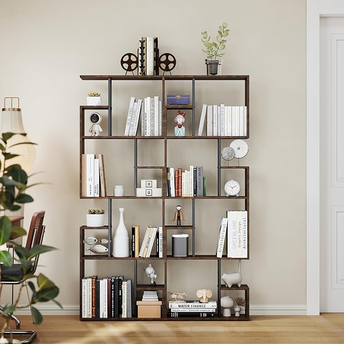 Manora 4 Tier Geometric Bookcase, S Shaped Bookshelf, Modern Black Brown Bookcase with Tall Display Shelves, Decorative Storage Shelf for Living Room and Bedroom,Dark Brown
