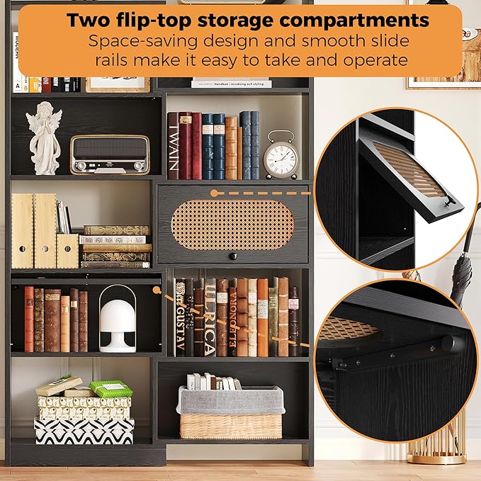 IRONCK Bookshelf and Bookcase with 2 Rattan Design Flip-top Storage Cabinets, 6 Tier 8 Cube Bookcases Storage Shelves Organizer for Living Room, 43.3" Black