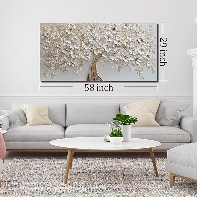 Large Tree Artwork for Walls Office White Flower Canvas Wall Art for Living Room Wall Decor for Bedroom Aesthetic Size 29 x 58 Inch
