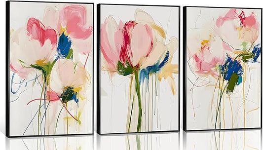 3PCS Colorful Abstract Line Floral Canvas Wall art Botanical Floral Line Posters Print Modern Minimalist Flower Pictures Wall Decoration for Girls' Room Bedroom Living room Unframed