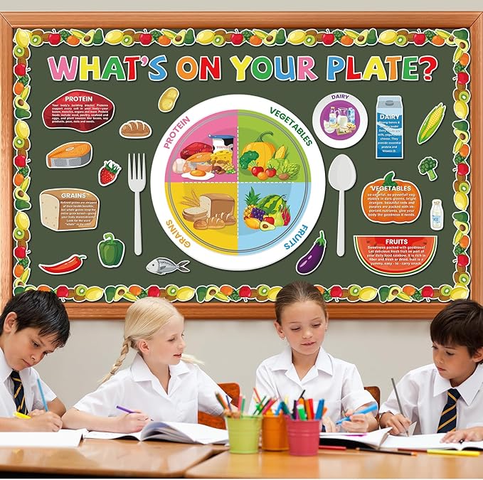 gisgfim My Plate Bulletin Board Decorations Fruit Vegetable Paper Cutouts Cafeteria Nutrition Bulletin Board Set for Back to School Classroom Office Home Wall Doors Decor Supplies