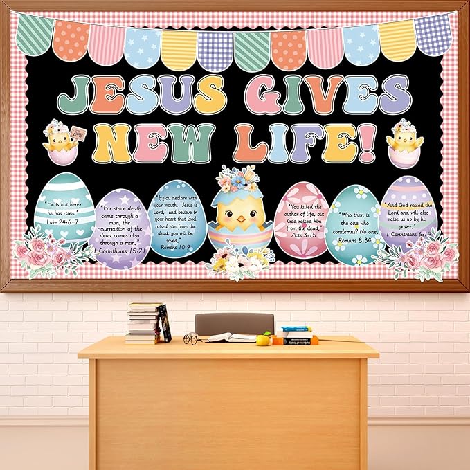 Easter Bulletin Board Set Easter Egg Religious Quotes Classroom Decoration Jesus Gives New Life Flowers Bulletin Board Christian Egg Cutouts for Spring Church Sunday School Chalkboard Home Wall Decor
