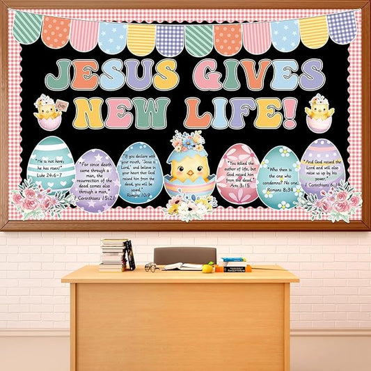 Easter Bulletin Board Set Easter Egg Religious Quotes Classroom Decoration Jesus Gives New Life Flowers Bulletin Board Christian Egg Cutouts for Spring Church Sunday School Chalkboard Home Wall Decor