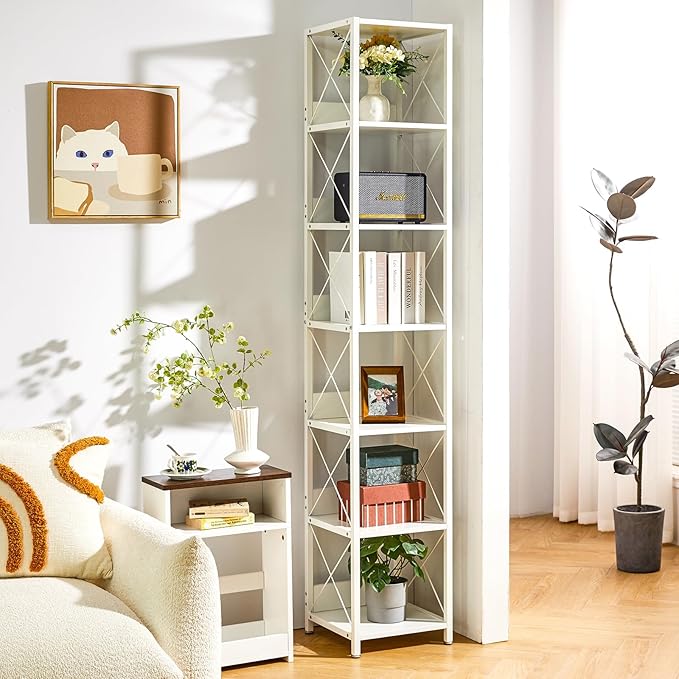 IBUYKE 6-Tier Tall Narrow Bookcase,Wood Corner Shelf Storage Display Rack for Small Spaces,Free Standing Open Bookshelf Square Shelf Tower for Home Office Living Room Bathroom, White UTBC001W