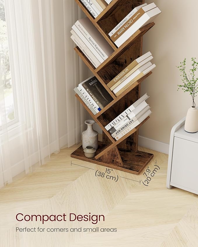 VASAGLE Custos Collection - Tree Bookshelf, Modern Bookcase, Floor Standing Book Shelf, for Bedroom, Living Room, Home Office, 7.9 x 15 x 45.4 Inches, Rustic Brown ULBC609K01