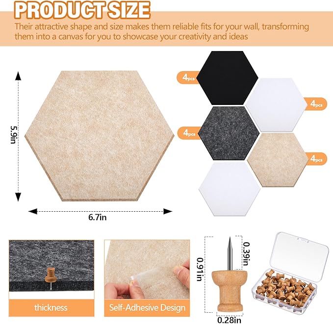 16 Pcs Hexagon Cork Board for Walls with 50 Wooden Push Pins 6.7 x 5.9 in Felt DIY Tiles Notice with Nano Tape Hanging Bulletin Board for Home Photo Office Memo Note(Classic Colors)