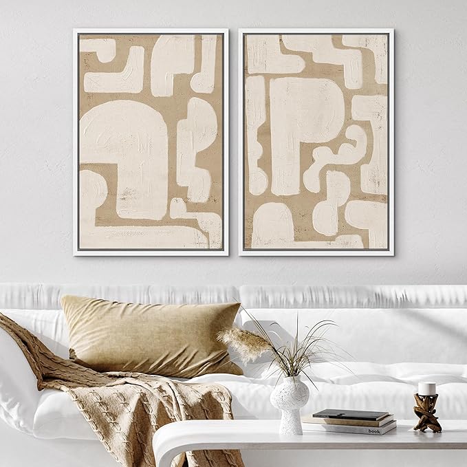 SIGNWIN Framed Canvas Print Wall Art Set Sophisticated Abstract Network Beige Interlaced Lines on White Illustrations Modern Art Minimal Relax/Calm for Living Room, Bedroom, Office - 16"x24"x2 White