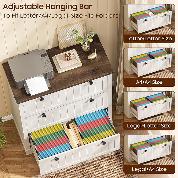 File Cabinet with 3 Drawers, Lateral File Cabinet for Letter/Legal/A4 Size Hanging Files, Large Wood File Storage Cabinets Printer Stand for Home Office, Rustic White
