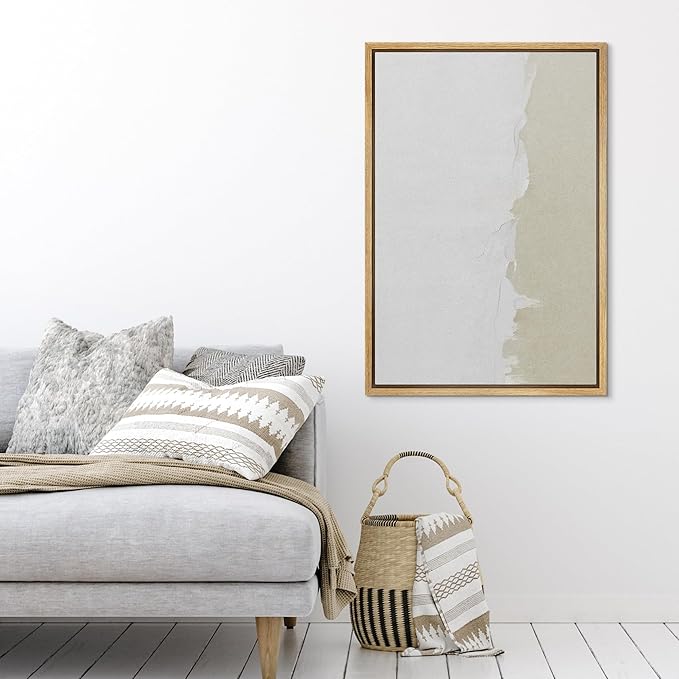 SIGNFORD Framed Canvas Print Wall Art Duotone White Tan Grunge Paint Stroke Abstract Shapes Illustrations Modern Art Decorative Boho Relax/Zen Nordic for Living Room, Bedroom, Office - 24"x36" NATURAL