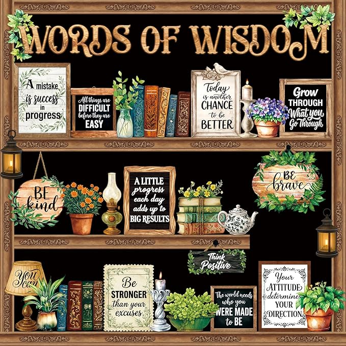 57 Pcs Vintage Plant Bulletin Board Set Inspirational Greenery Classroom Decoration Potted Plant Flower Cutout for School Office Chalkboard Door Wall Decor