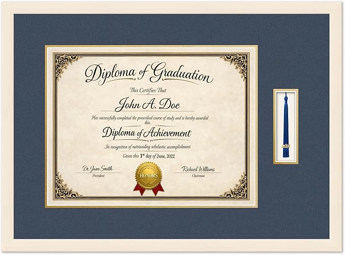 Diploma Frame with Tassel Holder Coastal Whitewash Shadowbox Navy Blue Over Gold Mat - Fits 17 x 13 Degree Made in the USA