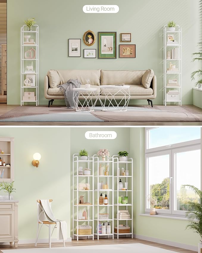 Bookcase Bookshelf, Narrow Book Shelf, Industrial Corner Shelf Storage Organizer, Slim Shelving Unit for Home Office, Living Room, Bedroom, Kitchen, 6-Tier White BC24613W